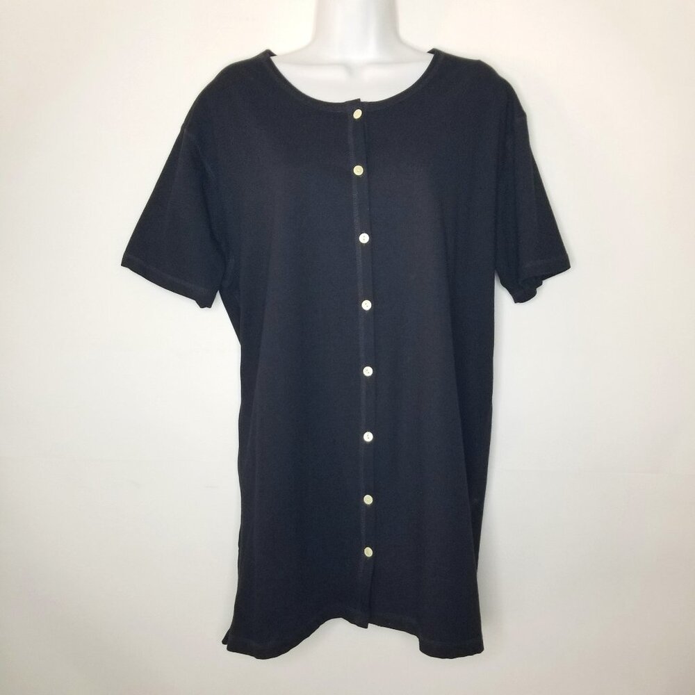 Vtg Pacer Womens L Black Cotton Button Up Crew Neck Short Sleeve Tunic Top Shirt
